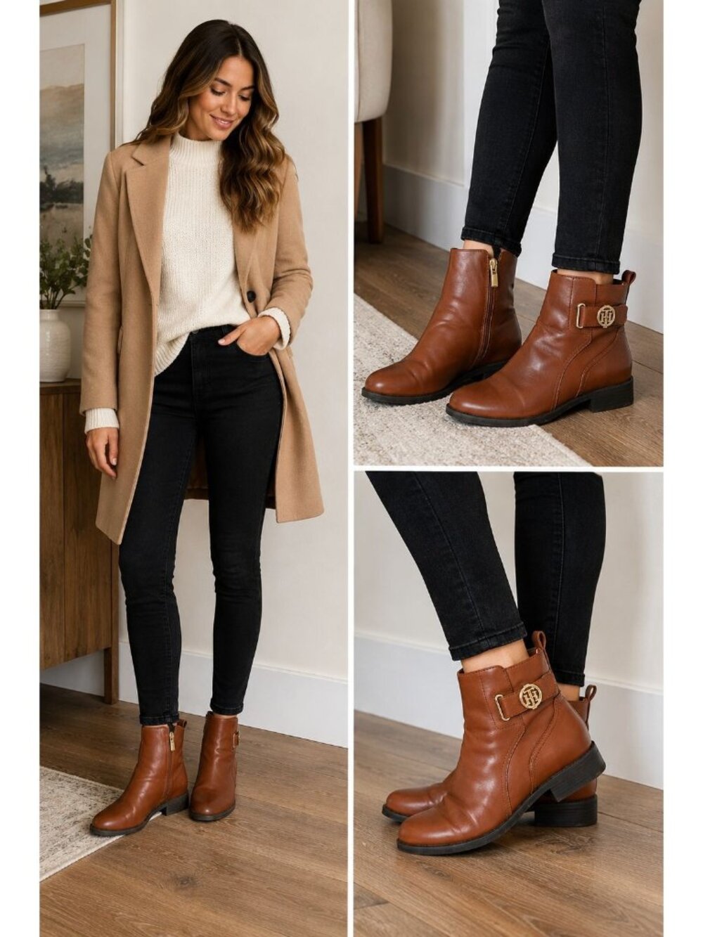 Tommy Hilfiger Women’s Rezin 2 Ankle Boots Size 10M Gold Logo Side Zip